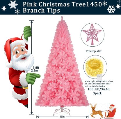 KTKDE Árbol de Navidad artificial de abeto de 7 pies, árbol de Navidad verde realista con 1.450 puntas de árbol, 300 postes de luz LED alimentados por pilas, pentáculo dorado de 7.8 pulgadas, perfecto