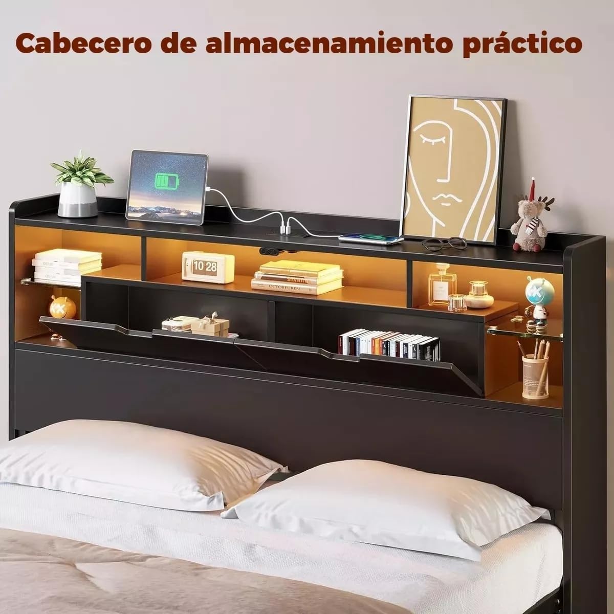 MAMALAND Base de Cama de tamaño matrimonial con estación de Carga, Marco de Cama LED con cabecera de Almacenamiento (Full)