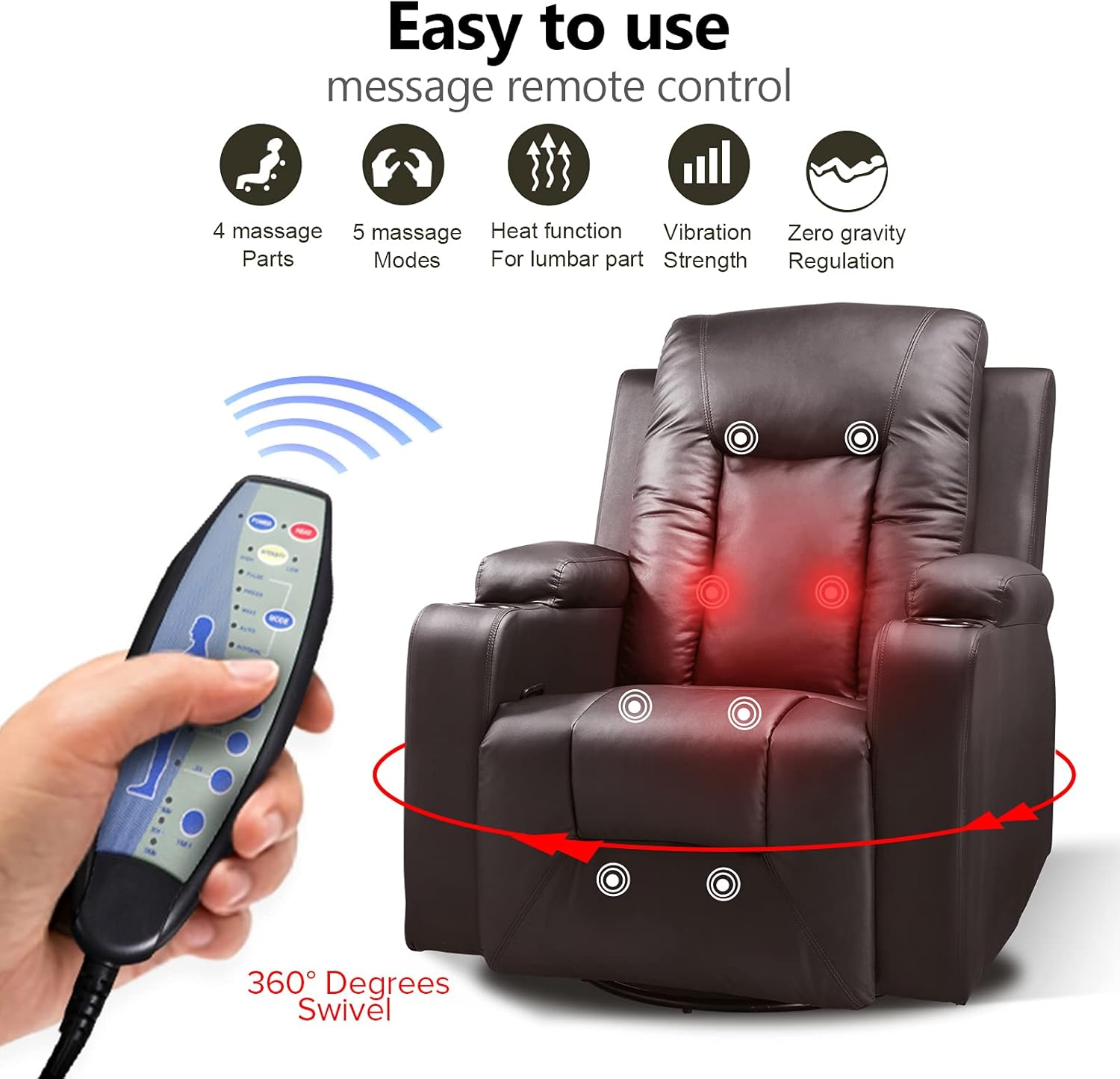 COMHOMA - Silla reclinable giratoria, mecedora de poliuretano para adultos, con masaje y calor, portavasos, bolsillos laterales, para sala de estar y recámara