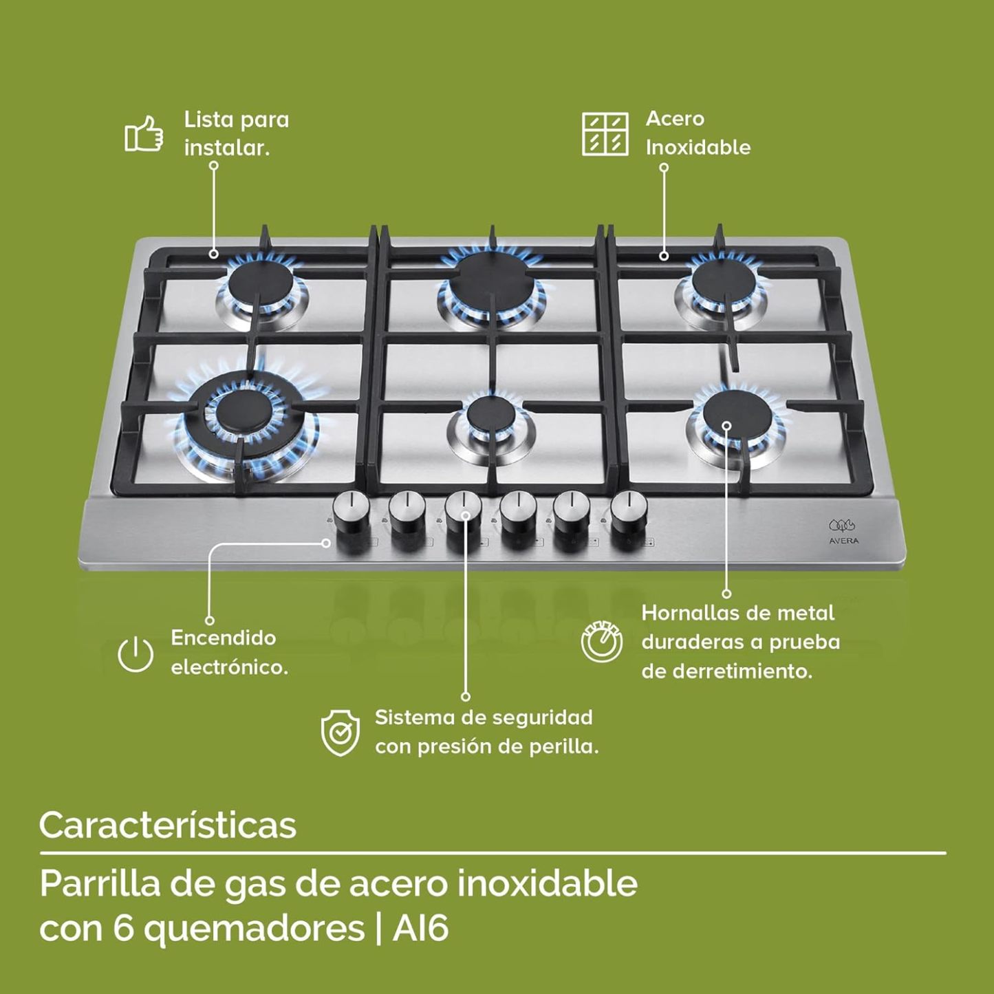 AVERA Parrilla de Gas 6 Quemadores 86cm, Acero Inoxidable Color Negro, Empotrable, Soportes de Hierro Fundido, Encendido Electronico, Estufa Empotrable, Compatible con Gas LP y Gas Natural, AI6N
