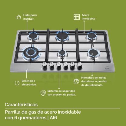 AVERA Parrilla de Gas 6 Quemadores 86cm, Acero Inoxidable Color Negro, Empotrable, Soportes de Hierro Fundido, Encendido Electronico, Estufa Empotrable, Compatible con Gas LP y Gas Natural, AI6N