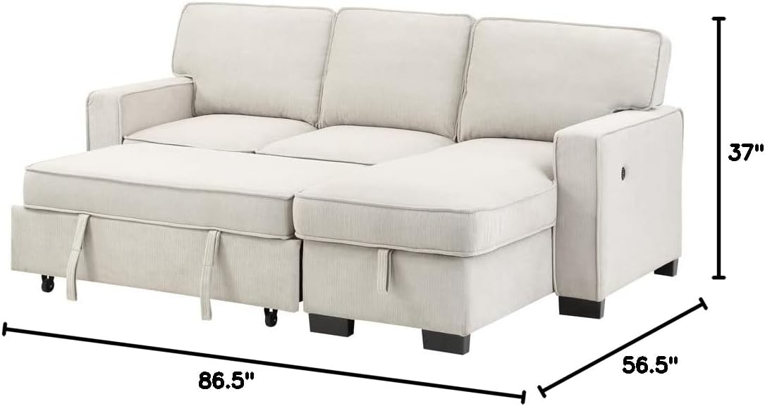 Lilola Home Estelle - Cama Reversible de Tela Beige de 86 Pulgadas, con Mesa desplegable de Almacenamiento para tumbonas, 2 portavasos y 2 Puertos USB