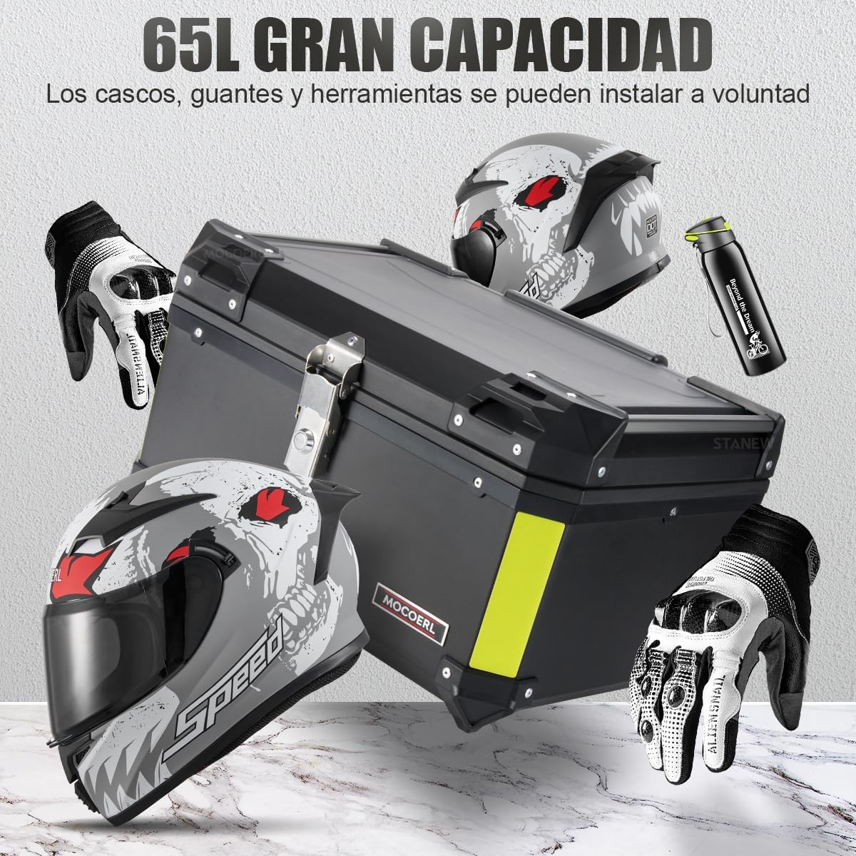 MOCOERL-Impermeable Baul Trasero Caja Moto Abs Respaldo Acojinado 60L Puede contener 2 casco Con cierre de seguridad de acero inoxidable Negro
