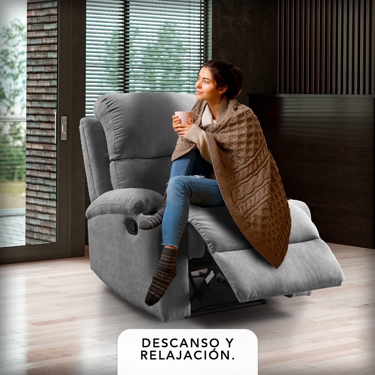 Sillon Reclinable para Adultos Individual - Brady - con Sistema Manual - Reposet de Tela - Varios Colores (Gris).