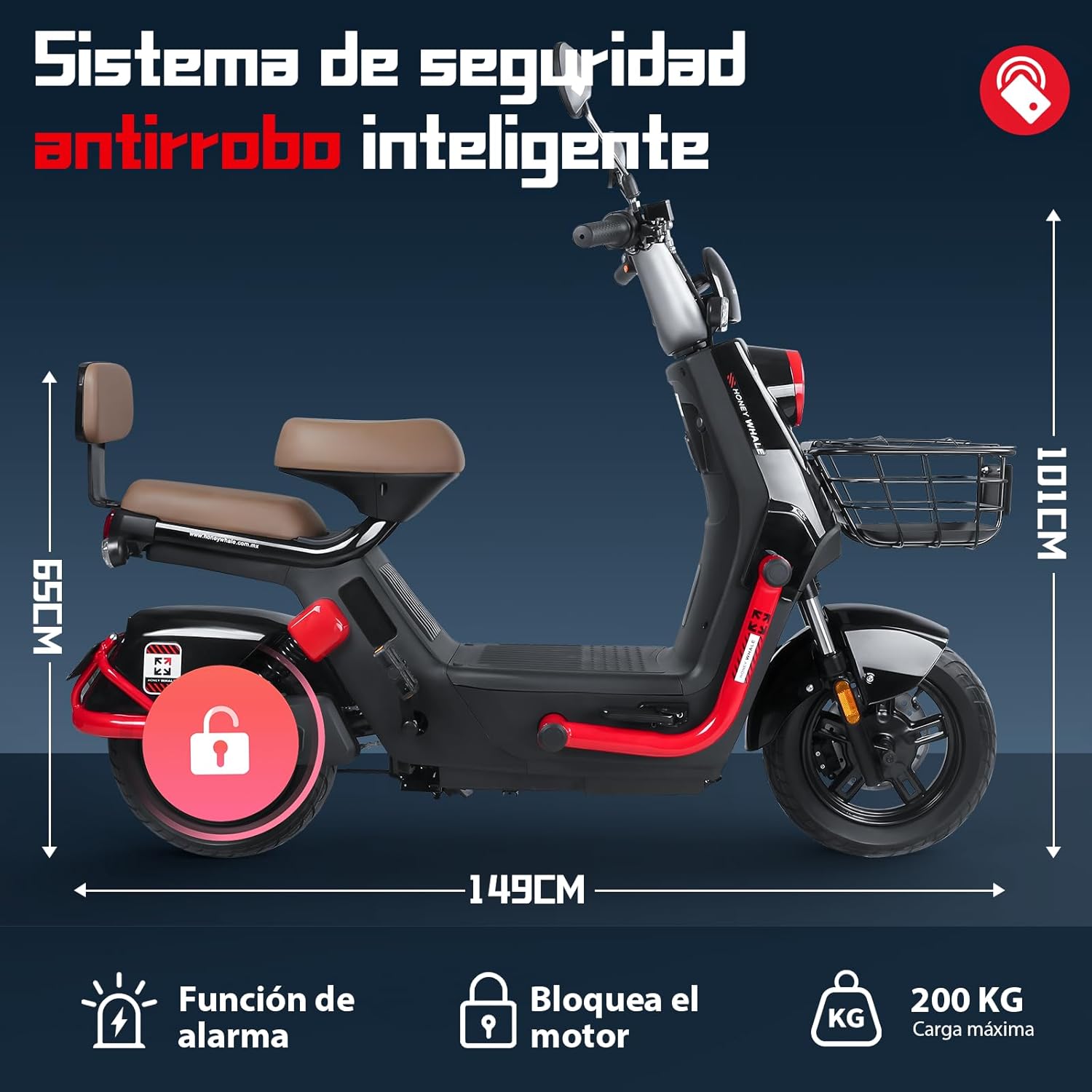 HONEYWHALE KC PRO Bicicleta Electrica para Adultos, Moto Electrica con Alarma, Potencia Motor Hasta 800W, Velocidad Máxima 45KM/H, Autonomía 60KM, Compatible con Desbloqueo NFC