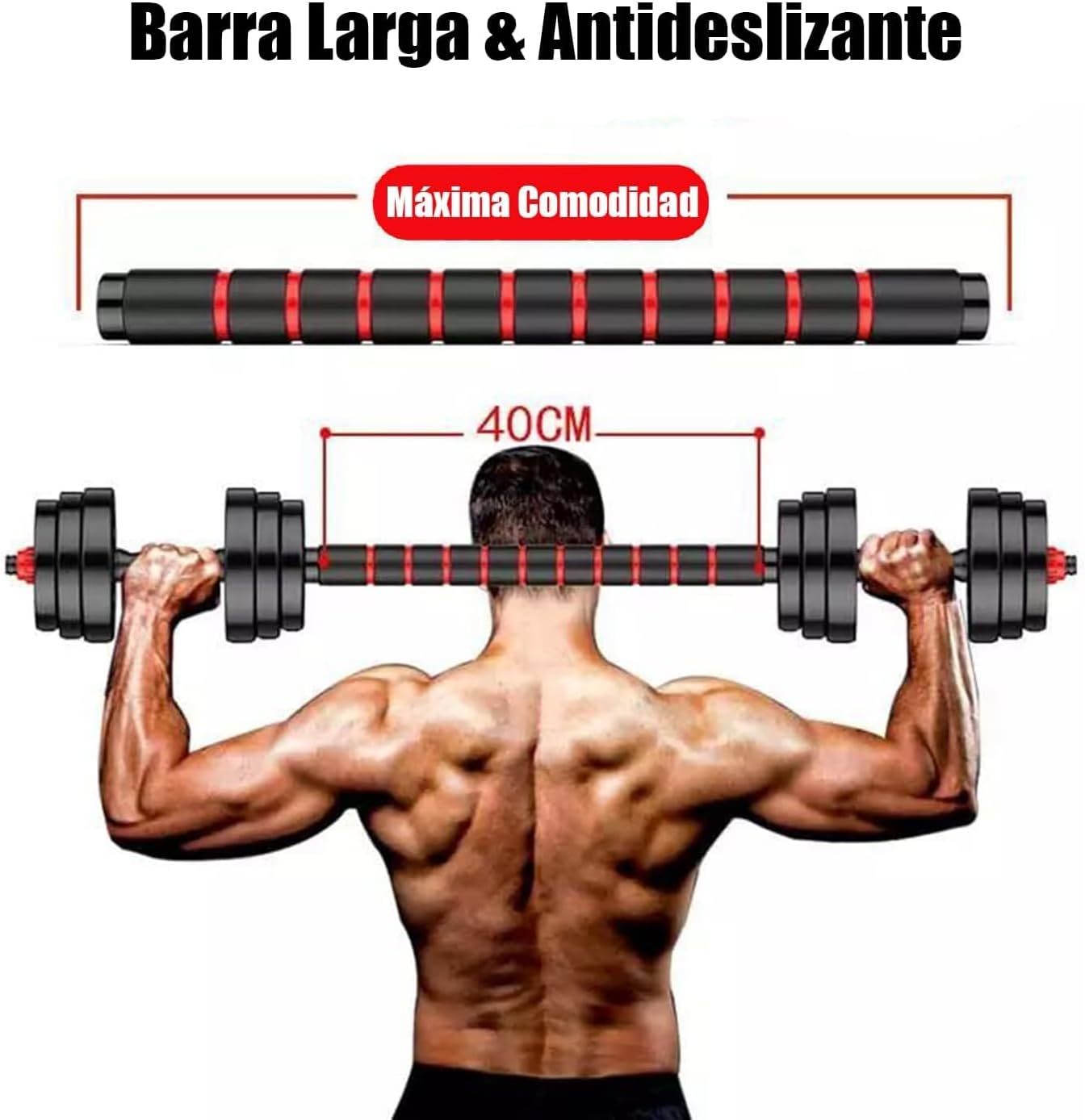 Kit de Pesas y Mancuernas Regulables, Múltiples Opciones 10/20/30/40Kg, con Barra Adicional para Ejercicio en Casa Multi Usos, Set de Mancuernas Ajustables con Varilla de Conexión, con Discos de Pesas Gimnasio