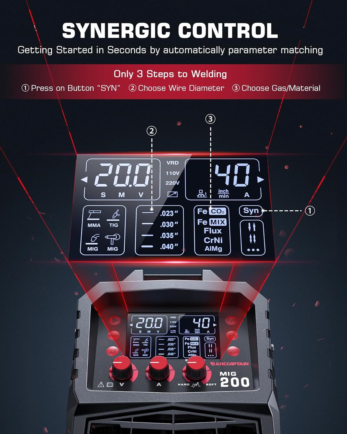 ARCCAPTAIN MIG Soldador, 200 amperios 6 en 1 gas MIG/núcleo de flujo sin gas MIG/Stick/Lift TIG/soldadura por punto/pistola de carrete 110 V/220 V de aluminio multiproceso máquina de soldadura con