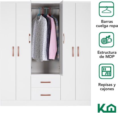 Kingshouse | Ropero De 6 Puertas con 2 Cajones – Color Café – Barra para Colgar – Estructura MDP – Mueble Organizador De Ropa – Armario para Casa, Recámara y Hogar