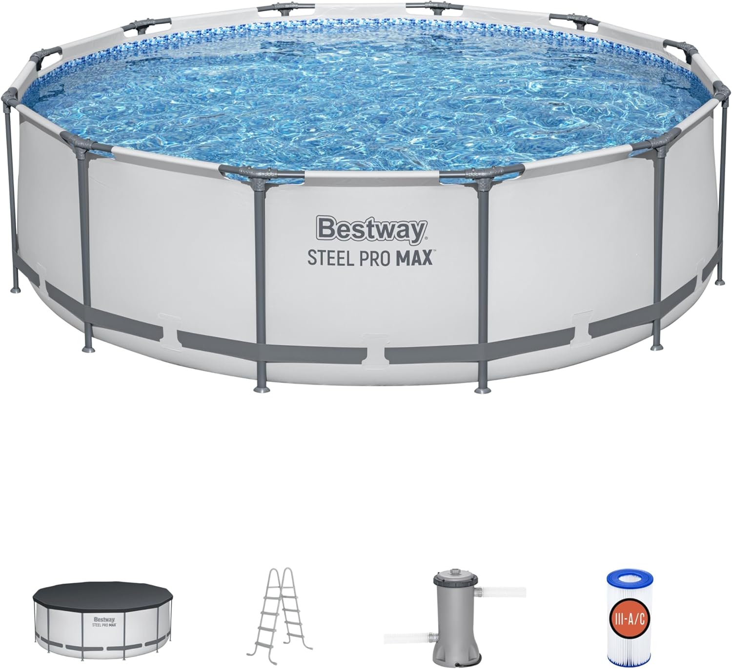 BESTWAY 56421 Alberca con Estructura Redonda 3.66x1.22cm con Bomba y Filtro Gris, Gris