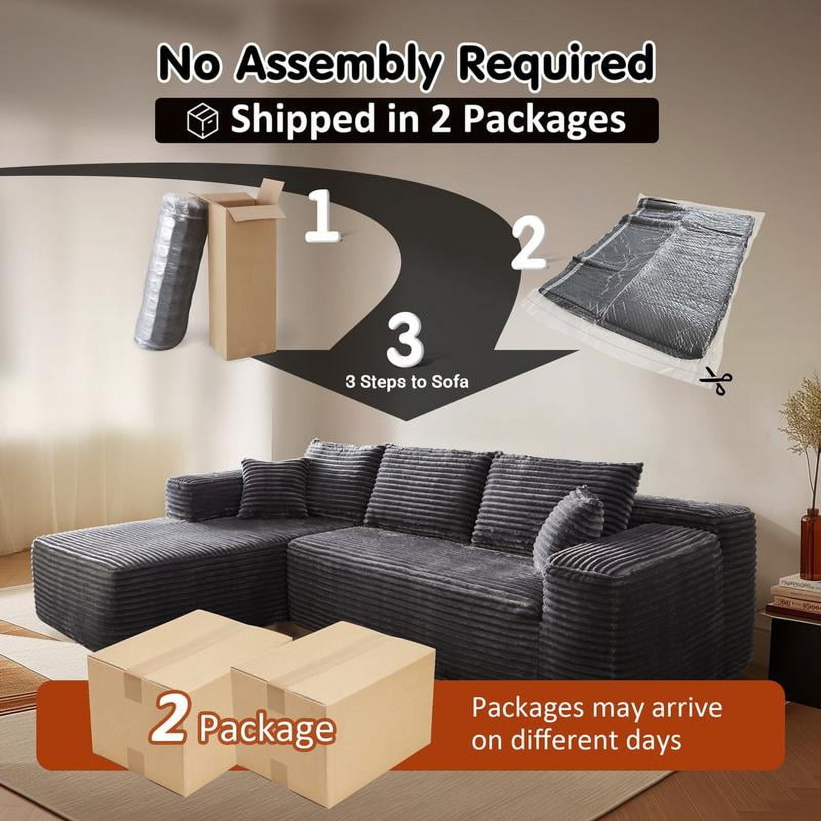 【2 Packages Shipping】Ovios 104" Plush Corduroy Cloud Velvet Modular Couch with Chaise, No Assembly Required - L-Shaped Sectional Sofa Set with Flexible Configuration - 104"W x 67.7"D x 30"H, 3 Seater