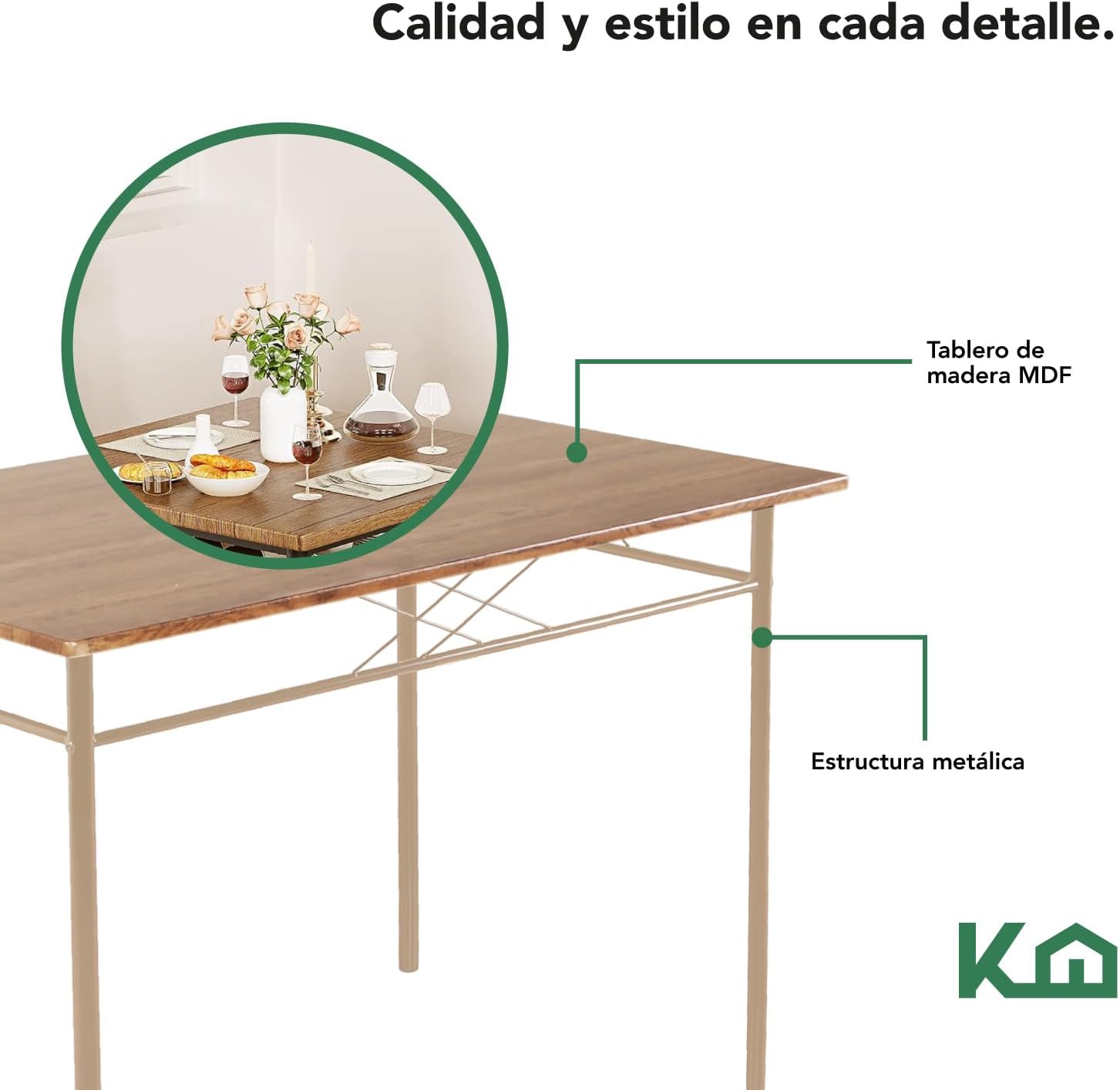 Kingshouse | Mesa de Comedor con 4 Sillas – Mesa de Madera MDF para 4 Personas – Estructura metálica – Moderna Minimalista – Juego de Mesa + 4 Sillas – Muebles para Cocina Restaurante y Cafeterías
