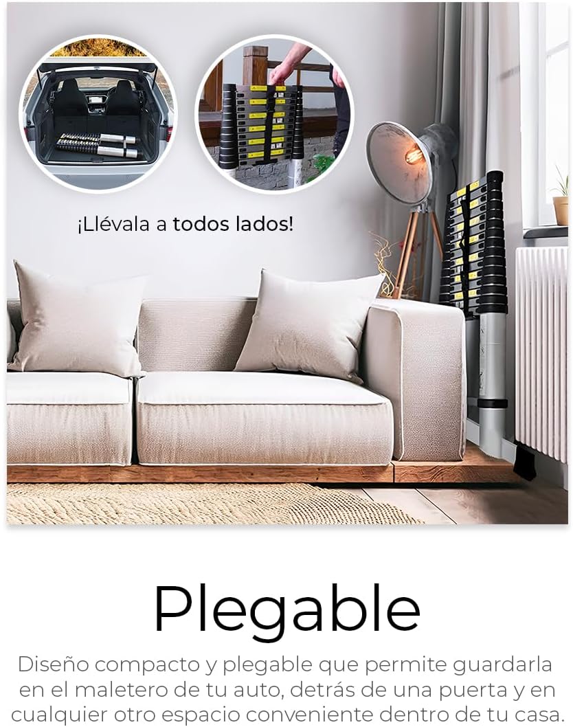 Raganet, Escalera Telescópica Recta, Escalera de Recta de Altura Ajustable, Aluminio Reforzado y Duradera, Modelo Retráctil de Mayor Estabilidad (5 Metros)
