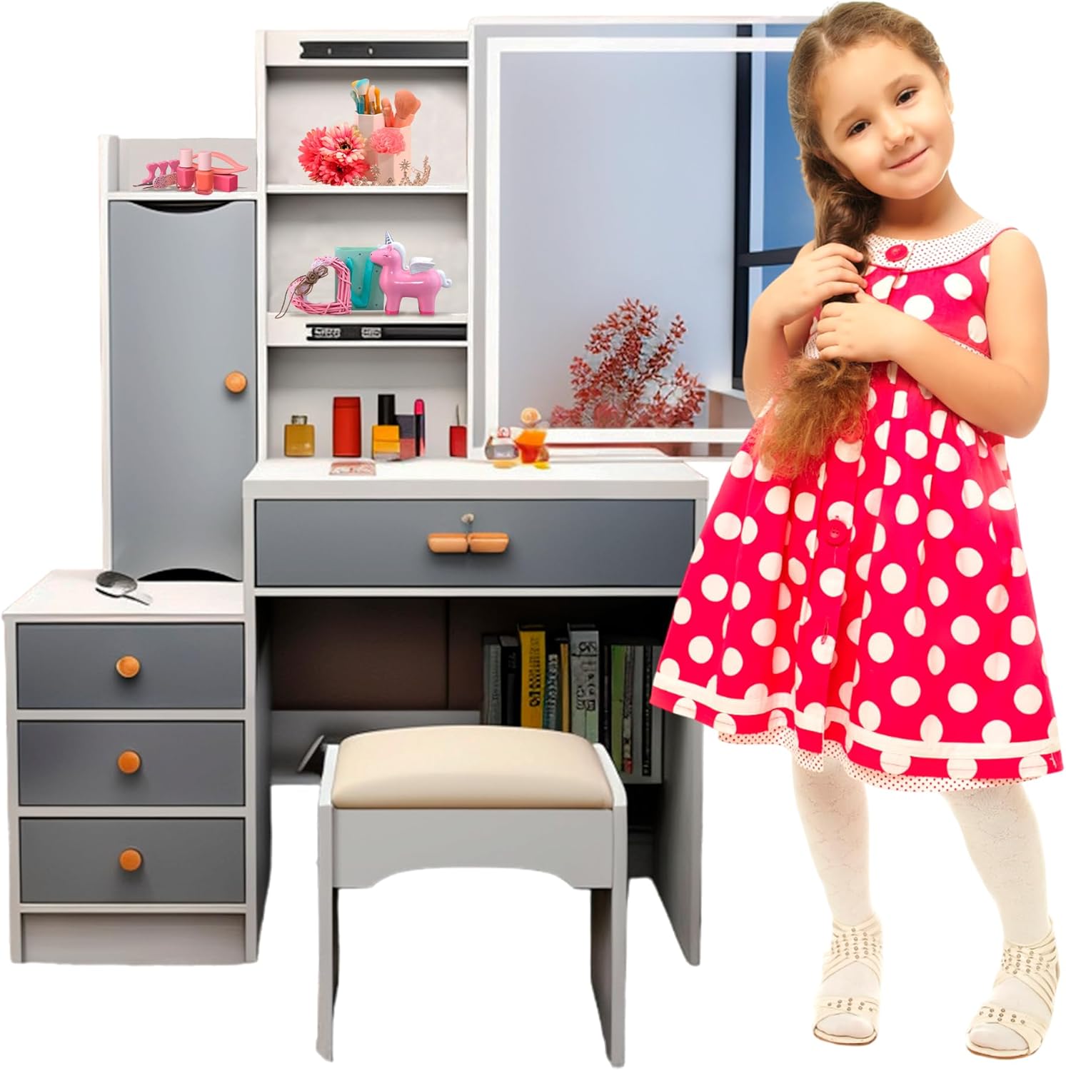 Bluelander Tocador De Niña, Tocador Vanity, Tocador para Niña, Vanity Tocador Hollywood, Tocador de Maquillaje con 4 Cajones, Estantes Ocultos, Incluye Taburete Acolchado, Espejo Led (Gris Claro)