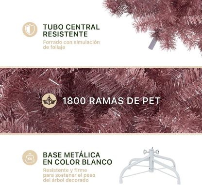 ESQUIMAL Árbol de Navidad Ramas Métalicas Frondosas de Pet Pino Navideño Artificial (Oro Rosa, 1.90 m)
