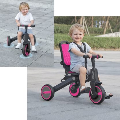 Triciclo de bebé 4 en 1, Bici polivalente, cochecito de dirección plegable, bicicleta de aprendizaje con barandilla desmontable, con toldo ajustable, arnés de seguridad, pedales plegable, freno, asa de empuje para padres, diseño de absorción de impactos,