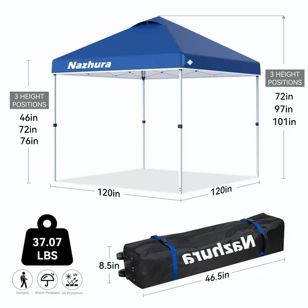 Carpa con toldo Nazhura, 3 x 3 m, plegable, con bolsa de arena, color azul