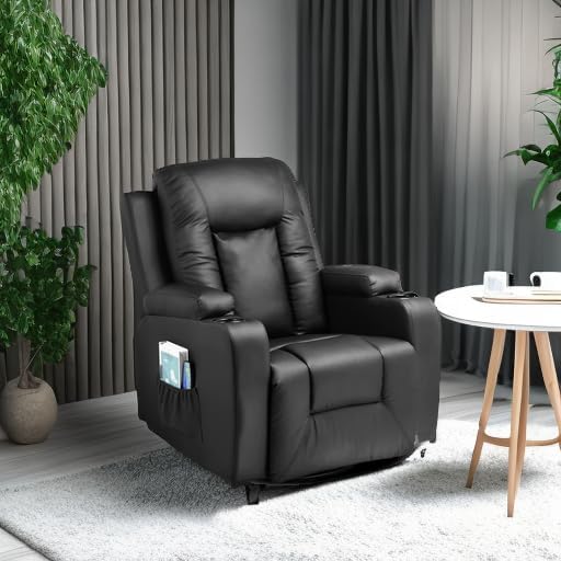 COMHOMA - Silla reclinable giratoria, mecedora de poliuretano para adultos, con masaje y calor, portavasos, bolsillos laterales, para sala de estar y recámara