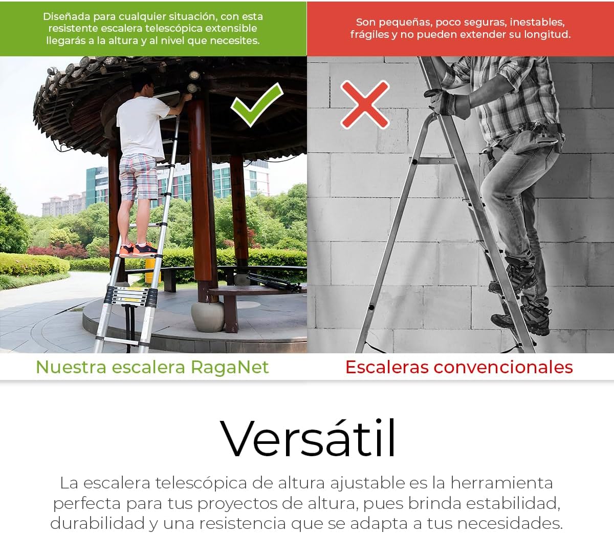 Raganet, Escalera Telescópica Recta, Escalera de Recta de Altura Ajustable, Aluminio Reforzado y Duradera, Modelo Retráctil de Mayor Estabilidad (5 Metros)