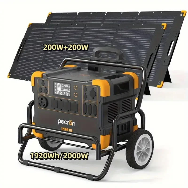 Estación de energía portátil PECRON E2000LFP 1920Wh/2000W con kit de carrito de panel solar de 400W, 16 puertos de salida/6 tomacorrientes de CA de 110V/2 salida de CC/PD 100W UBS-C Carga rápida Generador solar Batería