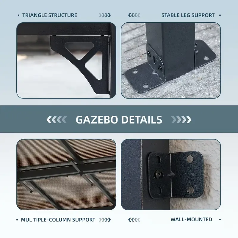 Sonegra Gazebo pérgola de pared resistente de 10'x14', toldo exterior de aluminio negro con paneles transparentes para patio, terraza y patio trasero