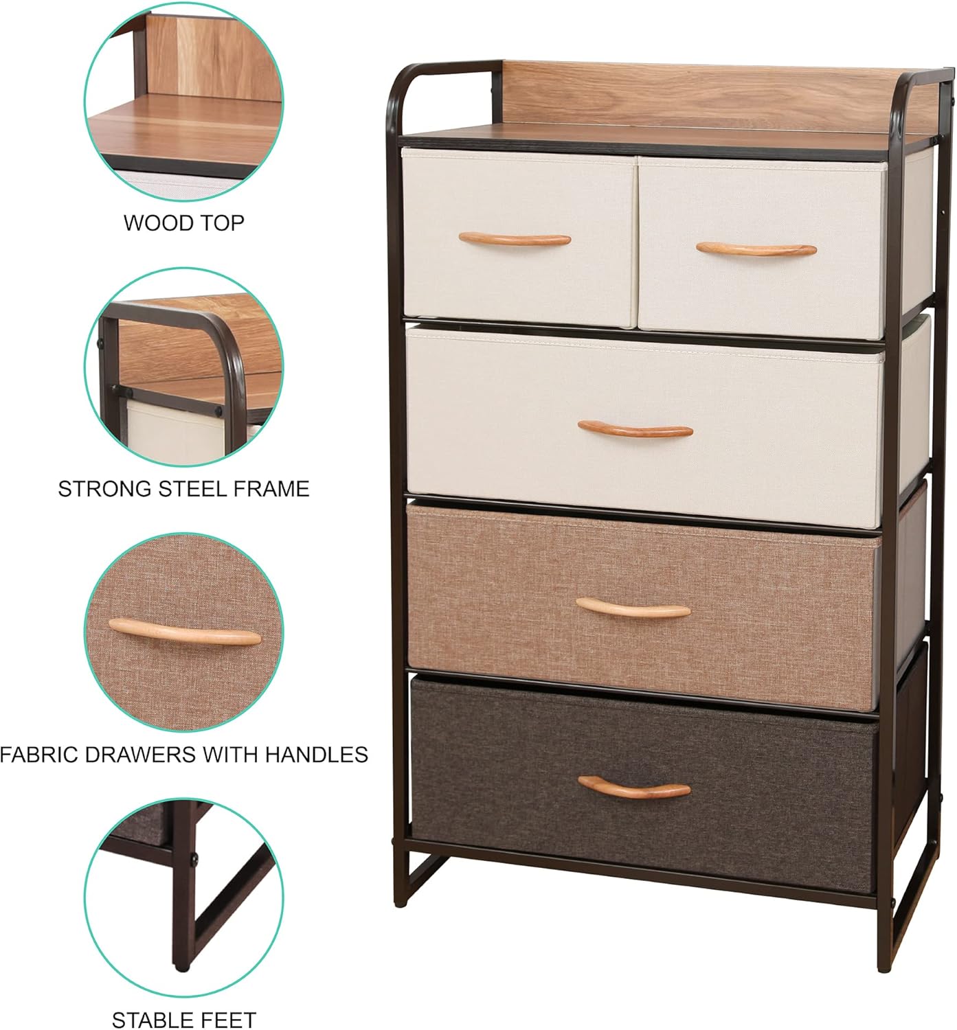 MU:4LIFE Cómoda De 5 Cajones Almacenamiento para Hogar Y Oficina, Organizador Cajonera De Estructura Metal y Cajones De Tela Lino Poliéster y Tela No Tejida (Gris Claro)