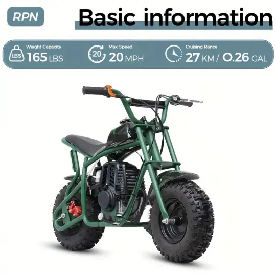 50CC 2-Tiempos Mini Dirt Bike, Motocicleta todoterreno a gasolina, Hasta 20 MPH, Cuenta con frenos de disco, asiento acolchado suave, paseos suaves y aprobación de la EPA, Soporta hasta 165 libras.