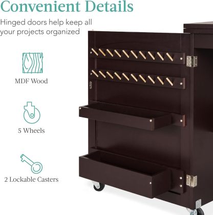 Best Choice Products - Mesa de coser plegable multiusos, estación de manualidades, diseño compacto, ruedas, estantes, almacenamiento, clavijas, puertas magnéticas, pomos de puerta de metal, blanca