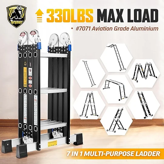 Bryner Escalera de extensión de aluminio 7 en 1, escalera, escalera, escalera, plegable, ajustable, telescópica, escalera, escaleras resistentes, cumple con SGS EN 131 estándar 550 libras-llave inglesa