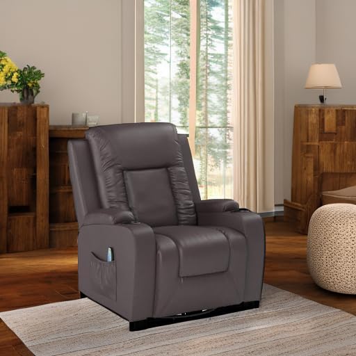 COMHOMA - Silla reclinable giratoria, mecedora de poliuretano para adultos, con masaje y calor, portavasos, bolsillos laterales, para sala de estar y recámara
