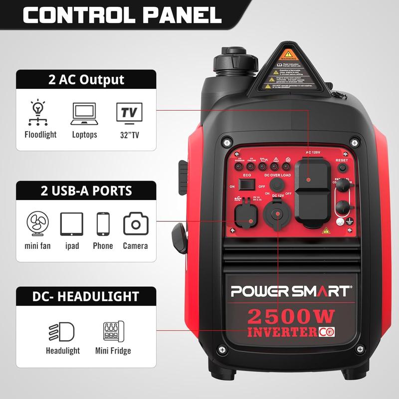 Generador de gasolina con inversor Powersmart de 2500 W (preparado para tormentas), generador portátil de 17,7 kg (39 libras) apto para caravanas, con capacidad de conexión en paralelo, silencioso para uso doméstico, camping, bajo consumo de combustible,