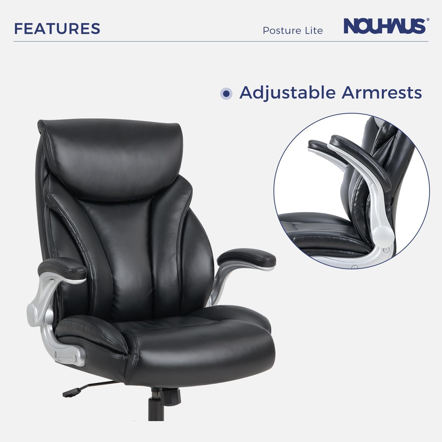 Nouhaus - Silla de oficina grande y alta con soporte lumbar, silla de oficina ergonómica de piel sintético, silla de computadora ejecutiva con reposabrazos ajustables (Posture Lite, blanco)