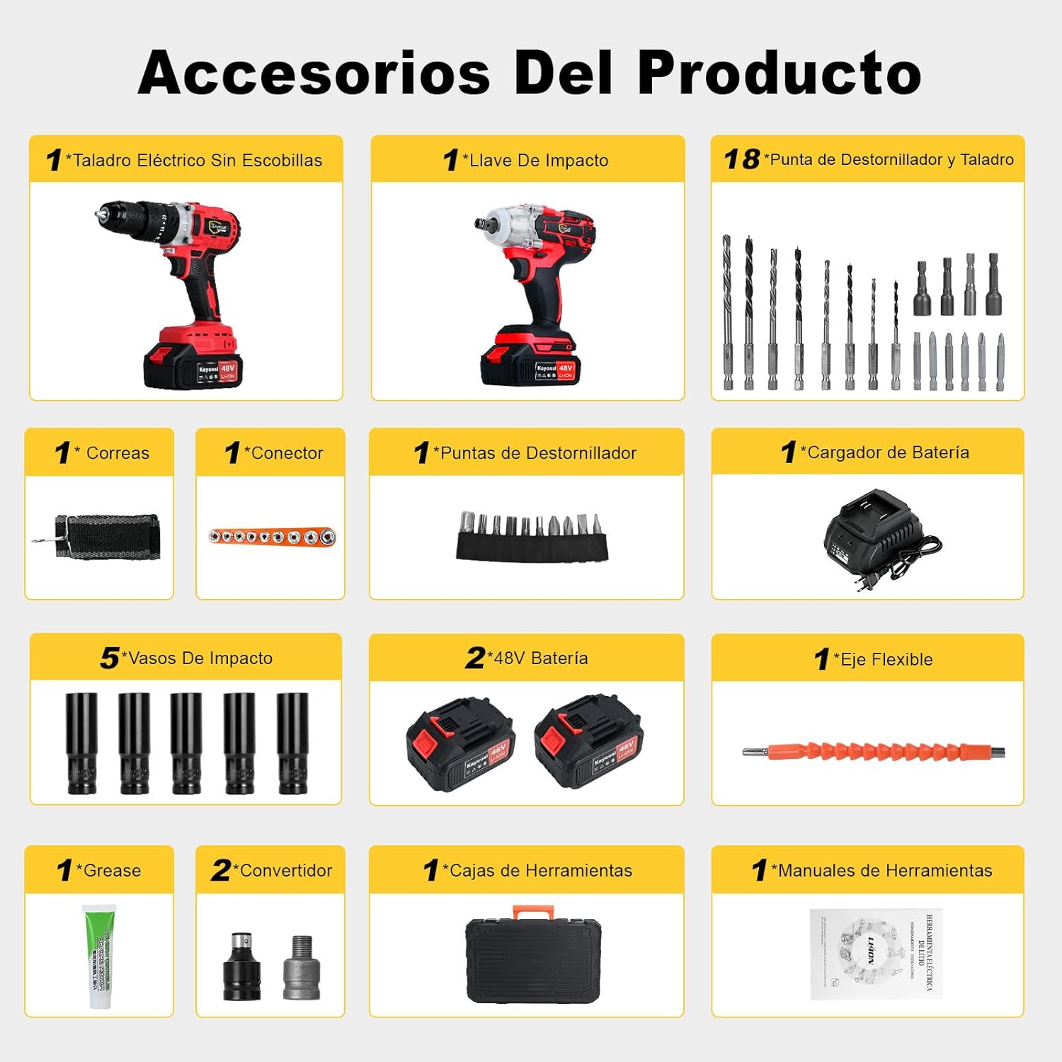 Kayoosi Taladro Electrico Inalámbrico y Juego de Llave de Impacto, con 2 Baterías Recargables de Iones de Litio y Cargador, con 33 Accesorios, Incluidas Tomas de Corriente, con Kit de Montaje.