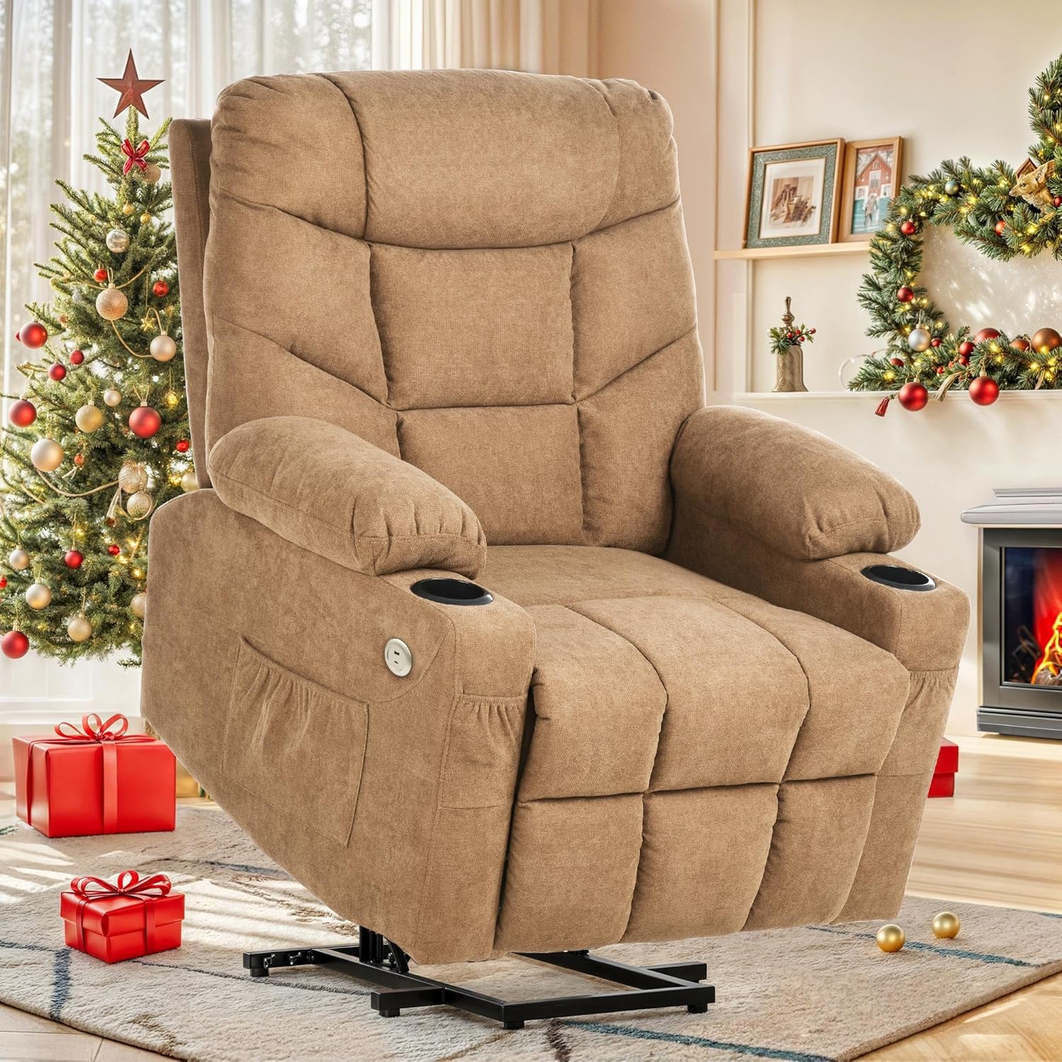 YITAHOME Silla reclinable con elevación eléctrica para Ancianos, Silla reclinable de Tela con Masaje y Calor, Asiento Espacioso, Puertos USB, portavasos, Bolsillos Laterales, Control Remoto (café)