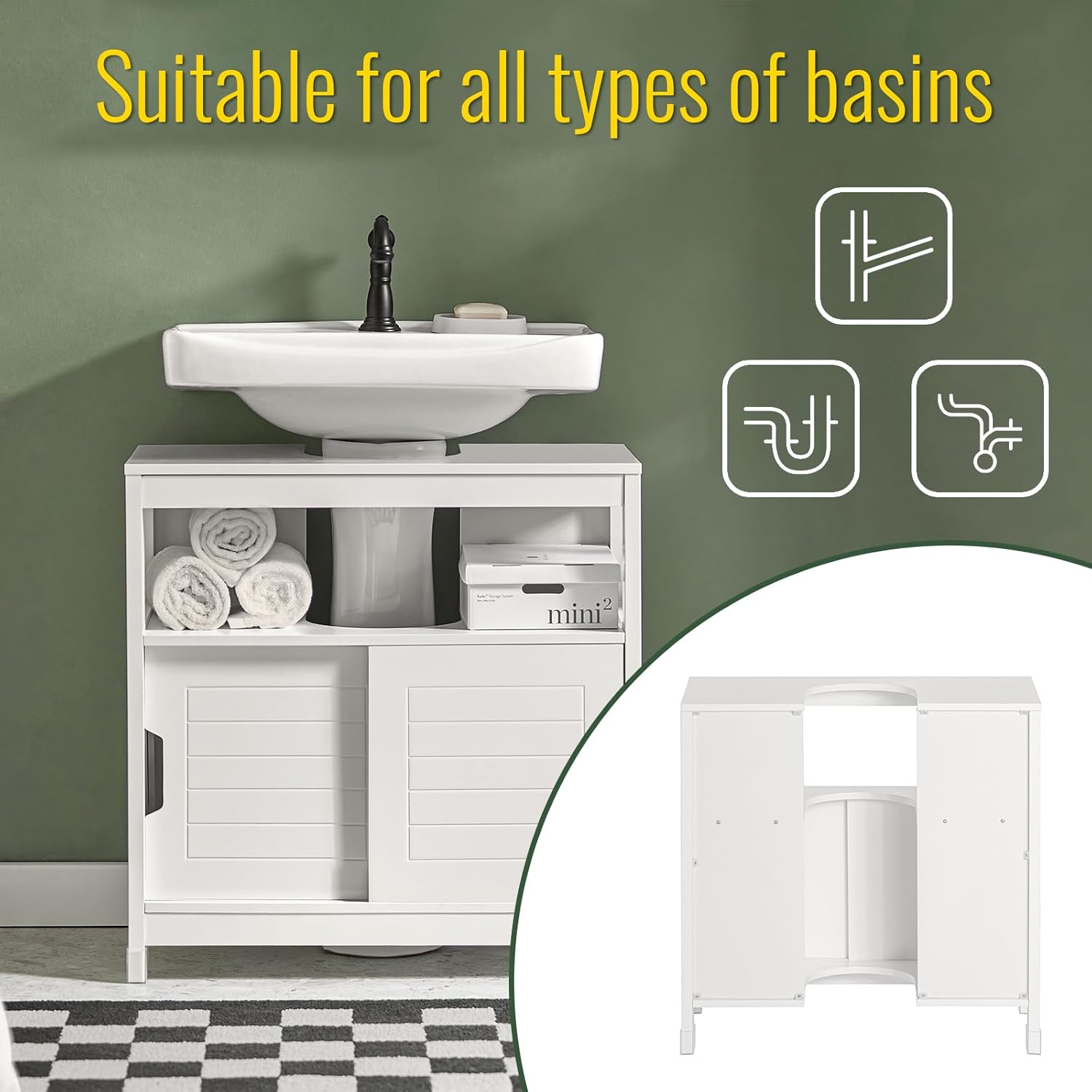 SoBuy Armario para Lavabo Mueble de Baño Debajo del Lavabo con 2 Puertas Armario de Suelo Lavabo para Baño con Mueble(Blanco FRG128-II-W)