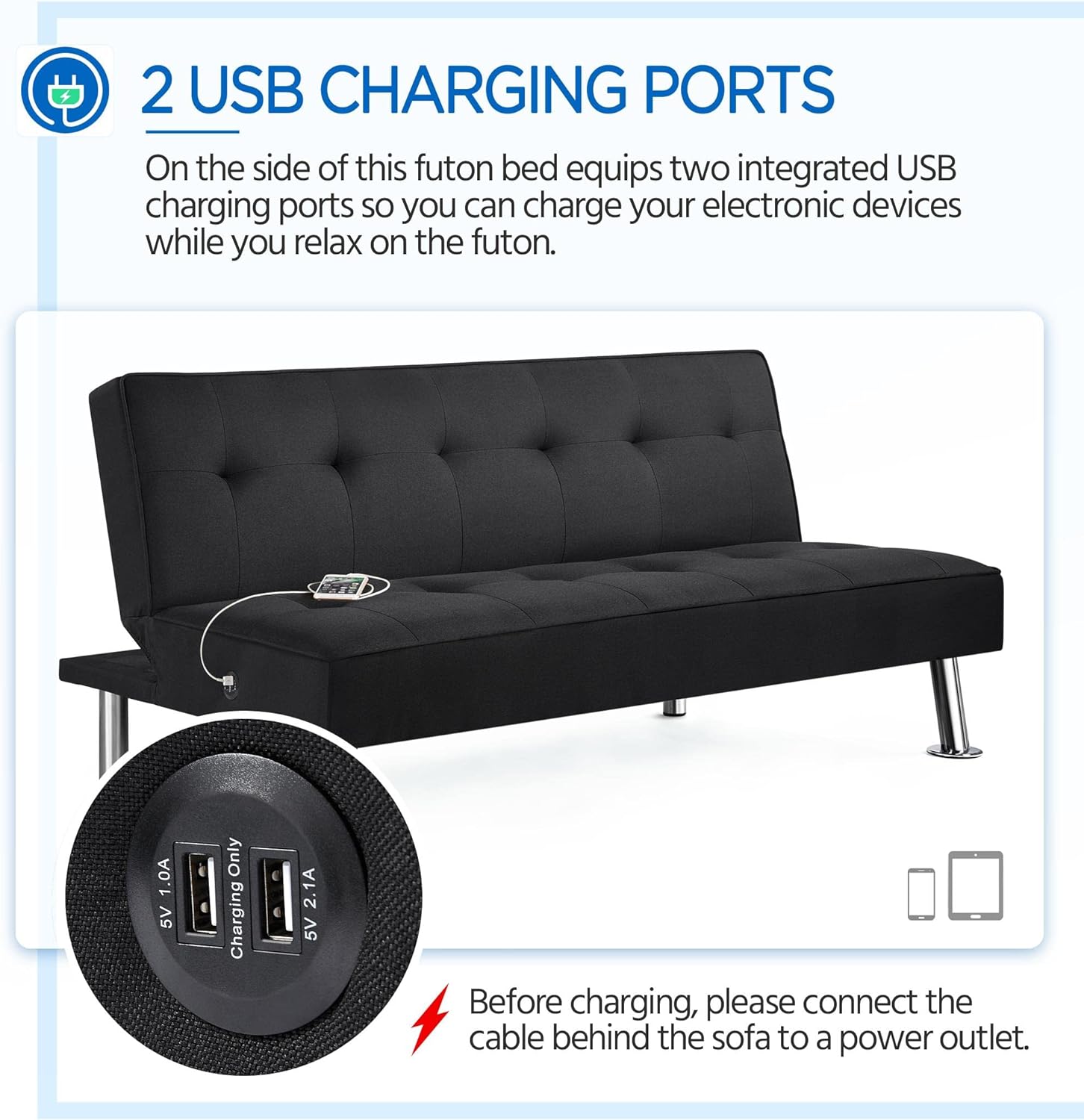 Yaheetech - Sofá Cama Convertible Moderno con 2 Puertos de Carga USB Integrados de Tela, Patas de Metal, 3 ángulos Ajustables para una Vida compacta, Departamento, recámara, habitación Extra Gris