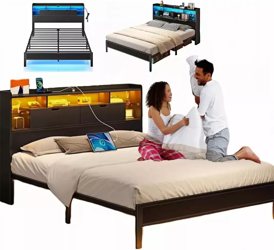 MAMALAND Base de Cama de tamaño matrimonial con estación de Carga, Marco de Cama LED con cabecera de Almacenamiento (Full)