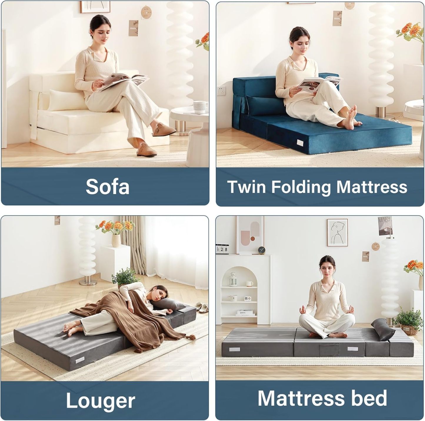 Tiita - Sillón de futón, tamaño individual, sofá cama plegable con almohada, colchón de piso y futón para sala de estar, recámara, uso de invitados, departamento