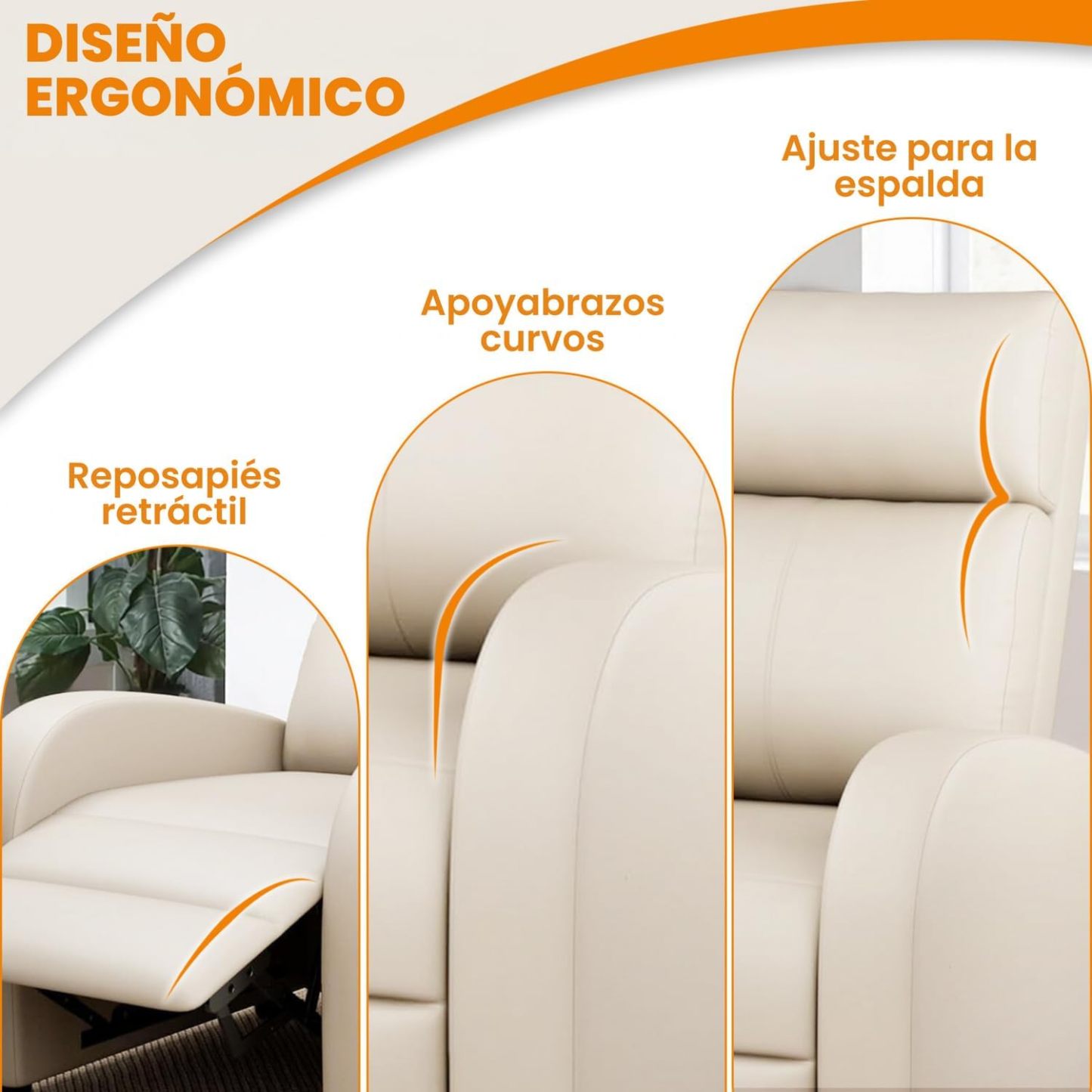 FABATO Sillon Individual-Sillon Reclinable Adultos Tipo Cine 8 Modos de Masaje con Soporte Lumbar, Reposapiés Retráctil y 3 Posiciones -Tu Mecedora Adulto de Cuero Ideal para tu casa (Crema)