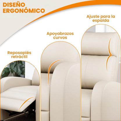FABATO Sillon Individual-Sillon Reclinable Adultos Tipo Cine 8 Modos de Masaje con Soporte Lumbar, Reposapiés Retráctil y 3 Posiciones -Tu Mecedora Adulto de Cuero Ideal para tu casa (Crema)