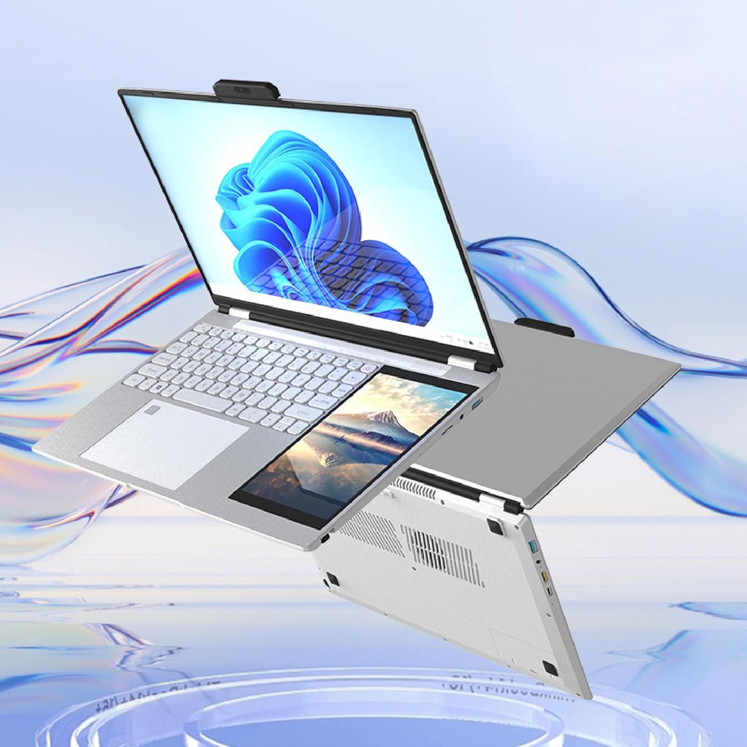 Haofy Laptop de Pantalla Doble, 1280x800 Pantalla Táctil IPS de 7 Pulgadas 16GB HD Laptop Plata Desbloqueo de Huellas Dactilares para Negocios para 11 (16GB+1TB Enchufe de EE. UU.)