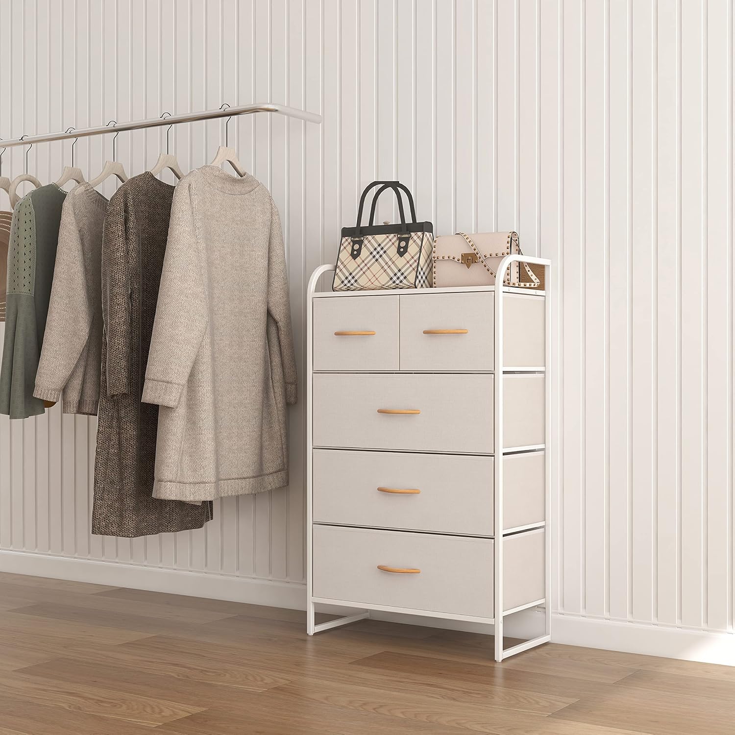 MU:4LIFE Cómoda De 5 Cajones Almacenamiento para Hogar Y Oficina, Organizador Cajonera De Estructura Metal y Cajones De Tela Lino Poliéster y Tela No Tejida (Gris Claro)