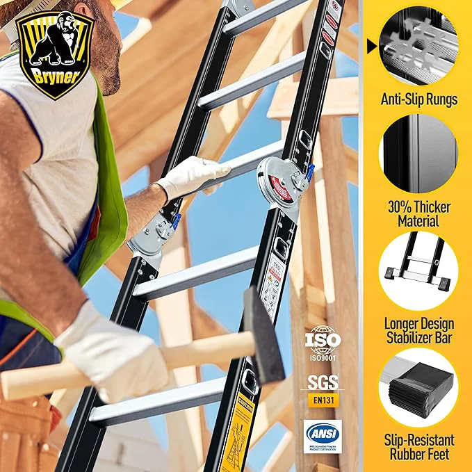 Bryner Escalera de extensión de aluminio 7 en 1, escalera, escalera, escalera, plegable, ajustable, telescópica, escalera, escaleras resistentes, cumple con SGS EN 131 estándar 550 libras-llave inglesa