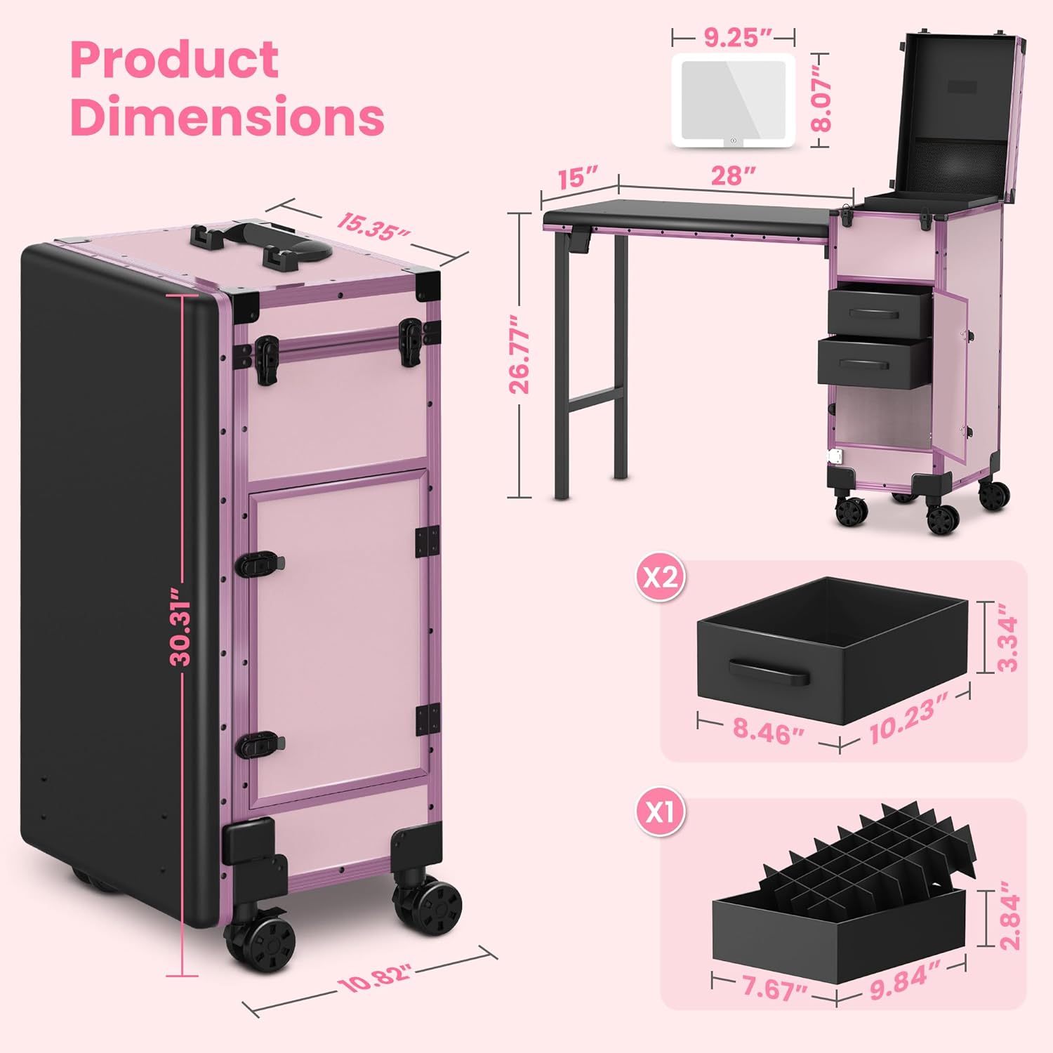 EASYINBEAUTY - Mesa de manicura portátil con 2 cajones, organizador de espejo y esmalte de uñas, estuche de tren de maquillaje con cerradura con computadora de uñas plegable, estuche de viaje