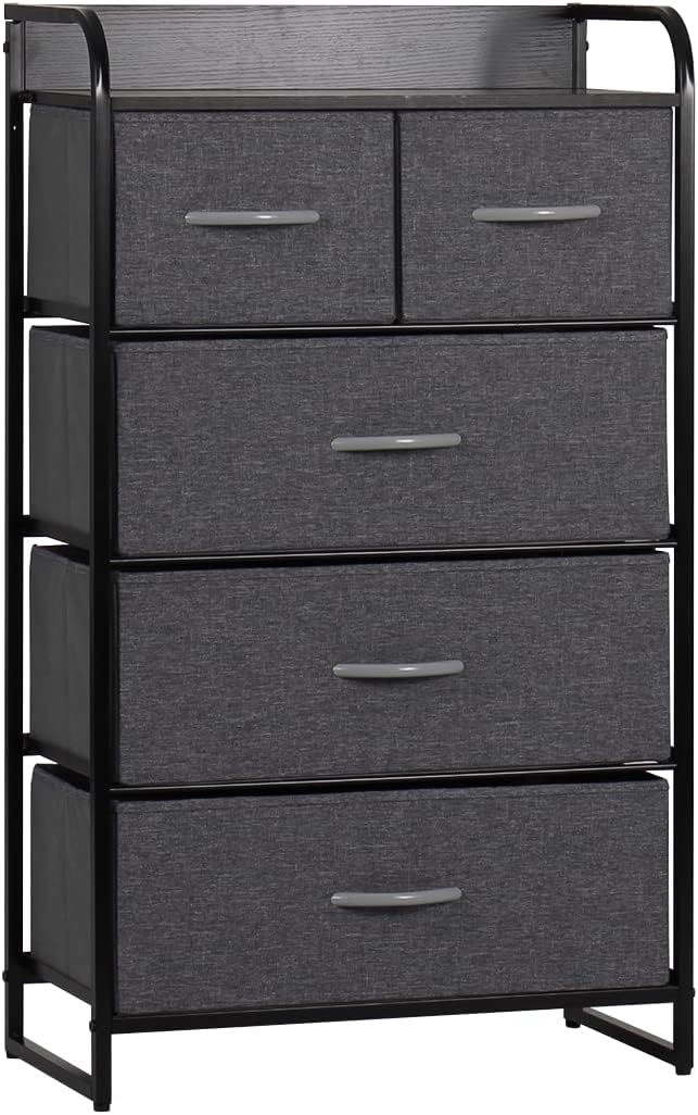 MU:4LIFE C¨®moda De 5 Cajones Almacenamiento para Hogar Y Oficina, Organizador Cajonera De Estructura Metal y Cajones De Tela Lino Poli¨¦ster y Tela No Tejida (Gris Claro)