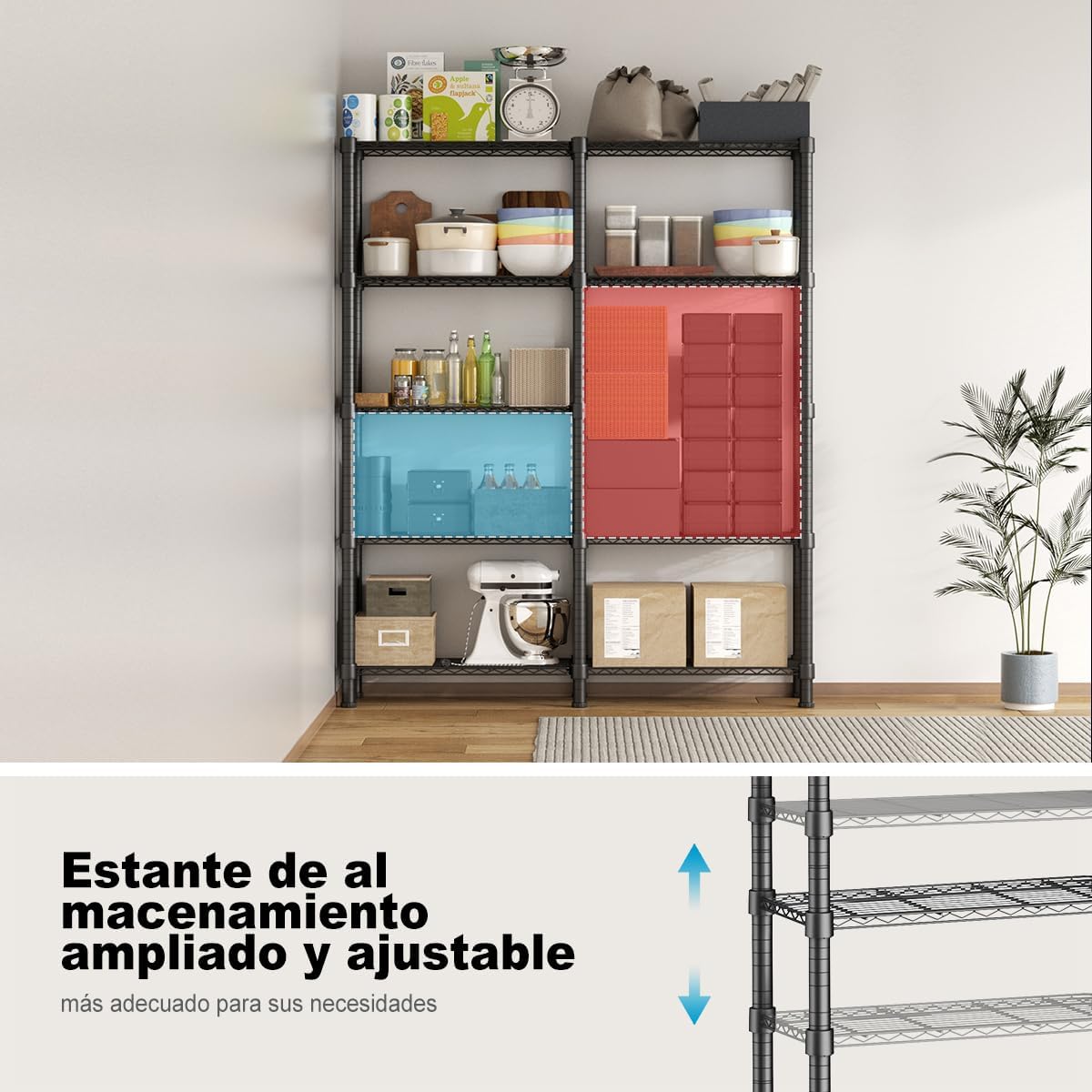 MXLENOBLE Estante de 5 repisas, Estantería de Almacenamiento Ajustable de estantes, Resistente en Ruedas de 4 Pulgadas, Estante Organizador de Metal, Cromado (IC085-B)