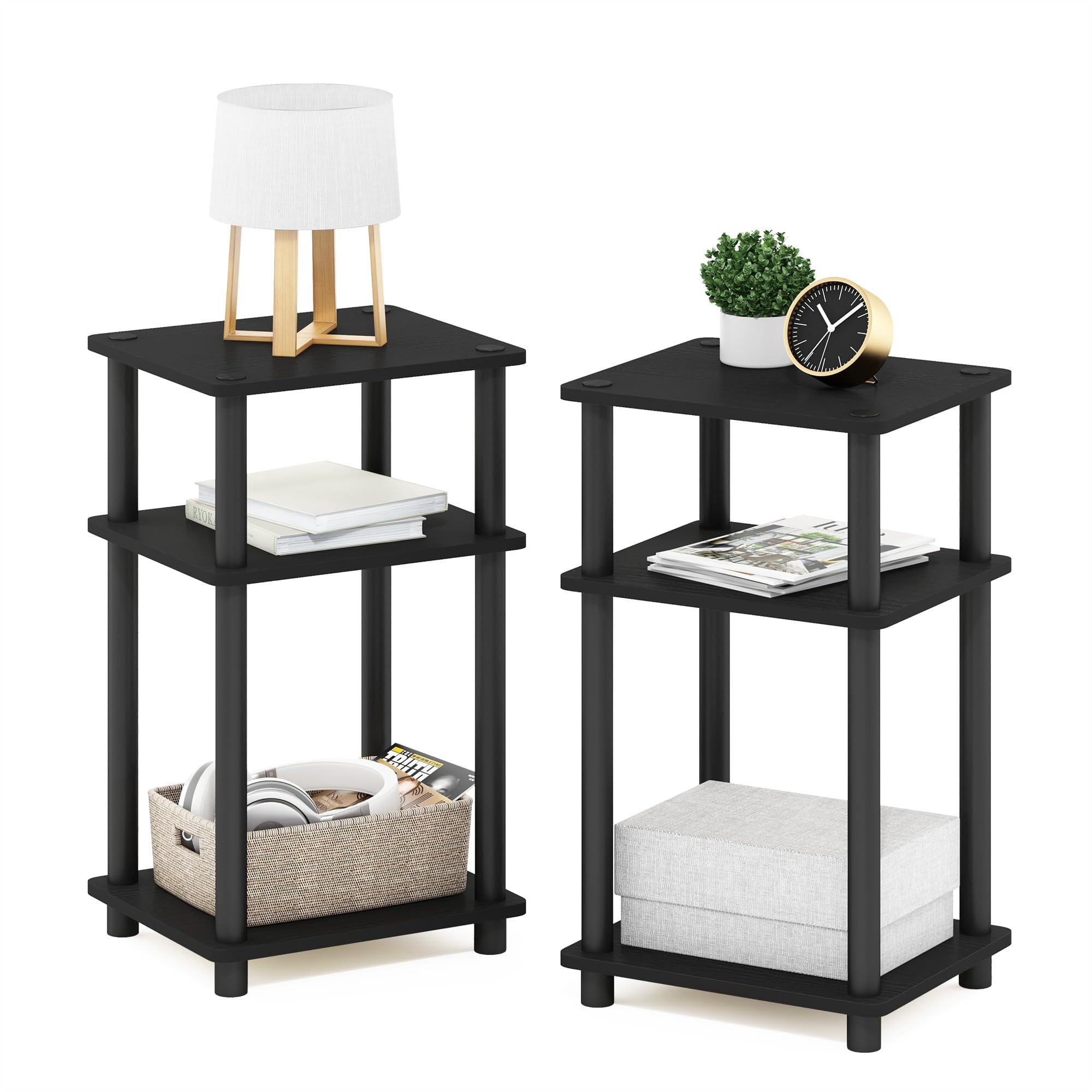 Mesa auxiliar Furinno Just de 3 niveles Turn-N-Tube, paquete de 2 unidades, americano/negra
