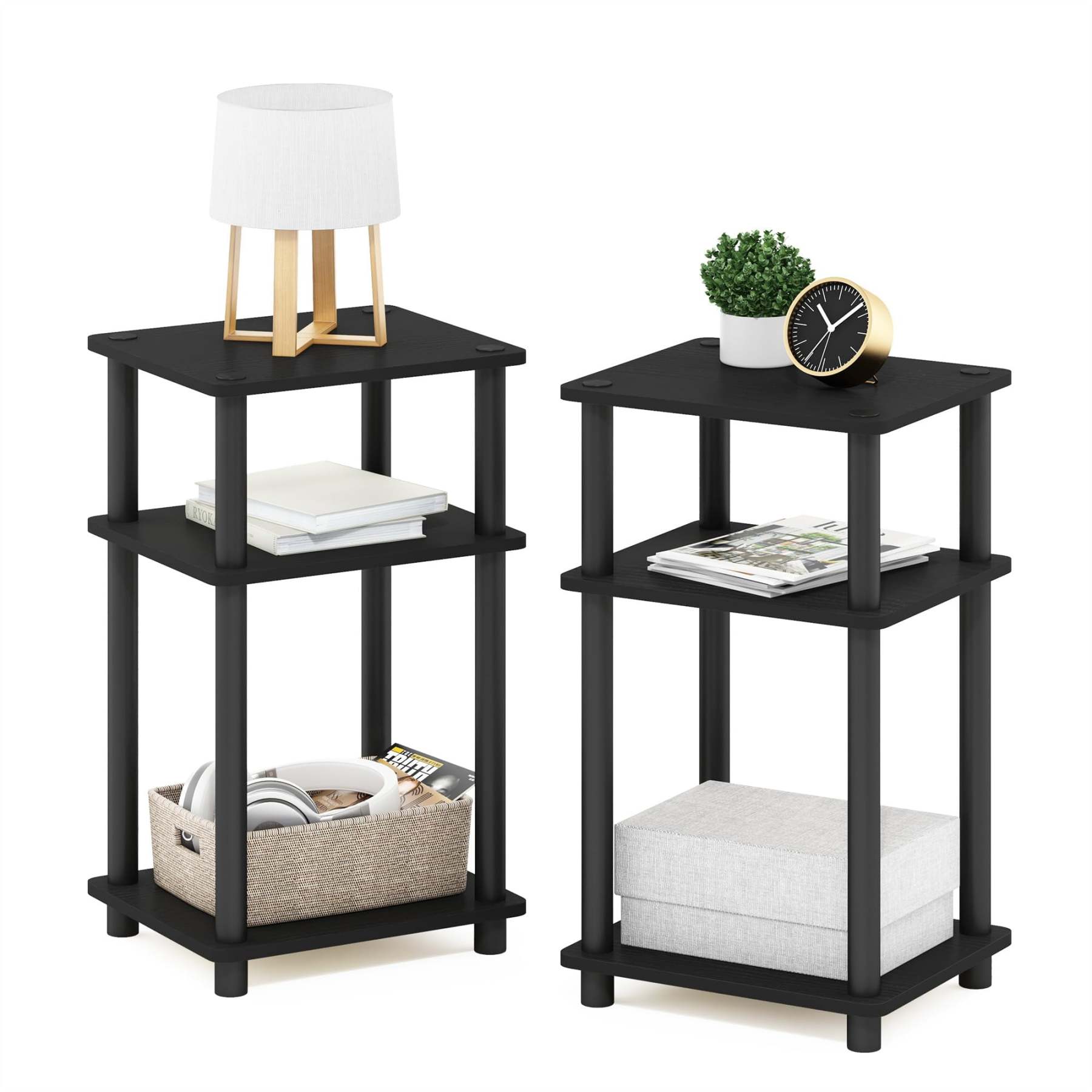 Mesa auxiliar Furinno Just de 3 niveles Turn-N-Tube, paquete de 2 unidades, americano/negra