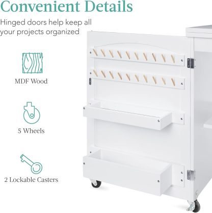 Best Choice Products - Mesa de coser plegable multiusos, estación de manualidades, diseño compacto, ruedas, estantes, almacenamiento, clavijas, puertas magnéticas, pomos de puerta de metal, blanca