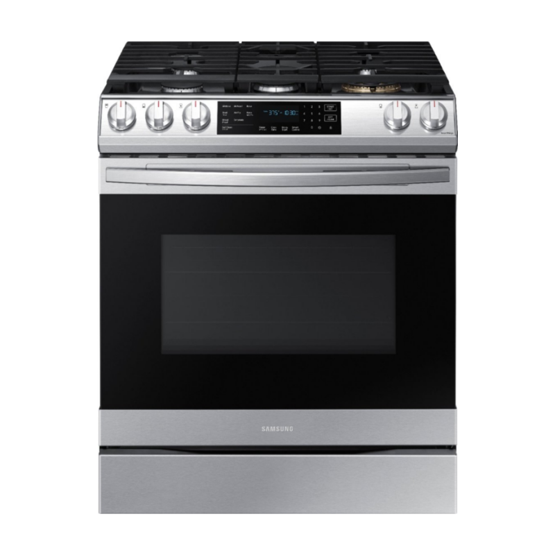 Samsung - 6,0 pies cúbicos. Estufa de convección a gas deslizable con control frontal, Air Fry y Wi-Fi, resistente a huellas dactilares, acero inoxidable