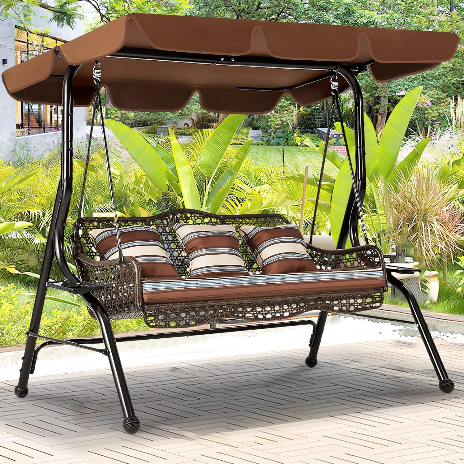 AECOJOY Columpio de mimbre de 3 asientos, columpio de patio con dosel, 2 bandejas laterales, 3 almohadas y cojín extraíble, columpio de mimbre para patio con soporte columpios al aire libre para adultos, balcón, jardín, terraza (ratán marrón)